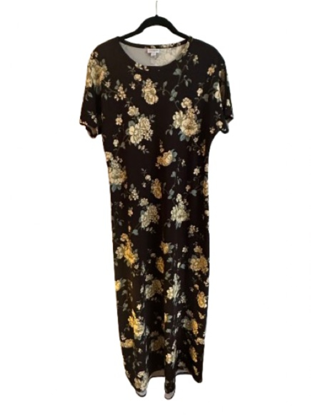LuLaRoe Black Maxi Dress with Gold and Cream Floral Print
